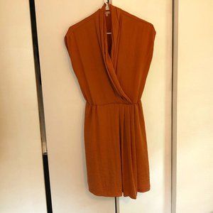Rachel Roy Burnt Orange Drop Sleeve Sexy Deep V Draped Pleated Mini Dress Sz S/M